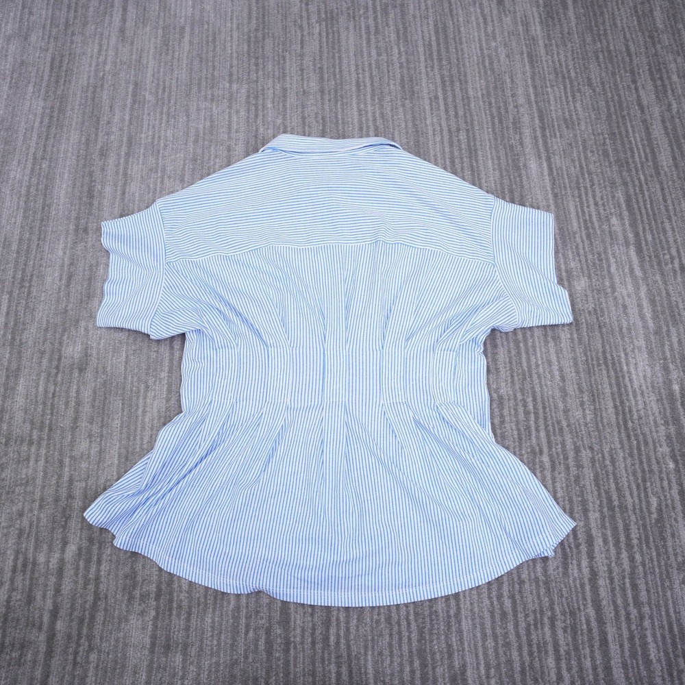 Mesh+Lace Blue White Striped Peplum Button Down Shirt Women Medium Short Sleeve - Picture 10 of 10